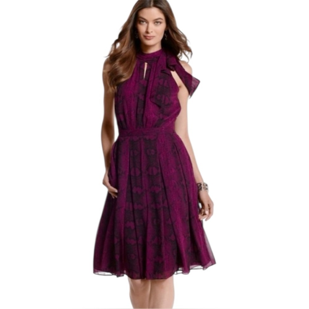WHBM Fit & Flare Amethyst snake print Sleeveless halter Tie neck chiffon Dress